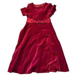Laura Ashley Red Velvet Short Sleeve Dress With Rose Accent Belt Girls 7 NWT